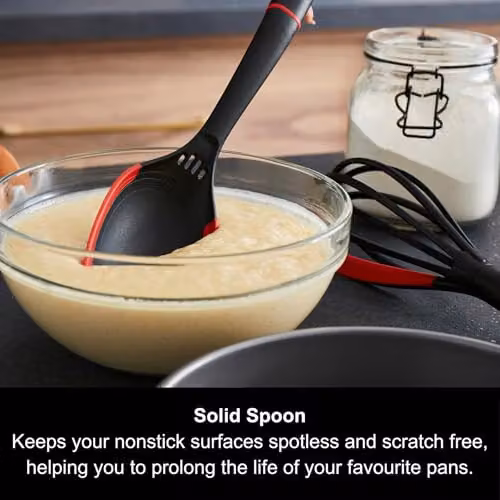 Morphy Richards Whisk and Solid Spoon Set in Black and Red, Heat Resistant Nylon and Silicone Utensils with Built-in Scraper, Herb Stripper and Measuring Spoon – 4