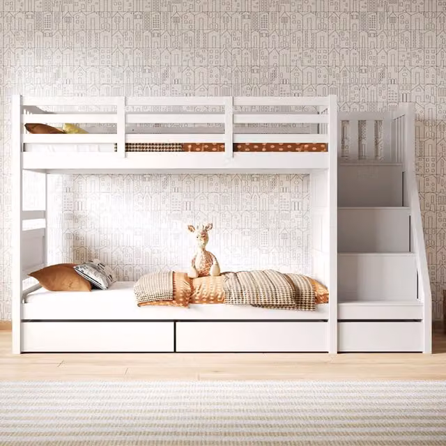 Flair Lunar Junior Bunk Bed in White with Stairs and Side Compartments