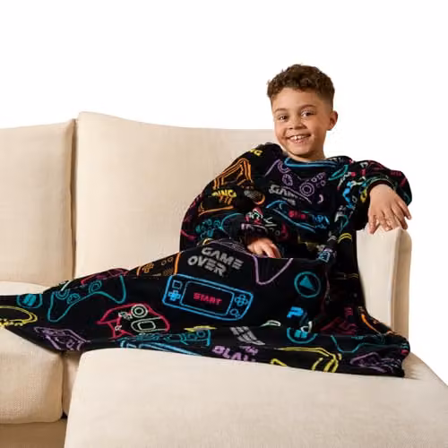 OHS Kids Wearable Fleece Gaming Blanket with Sleeves, Black, W 125 cm x H 125 cm – 3