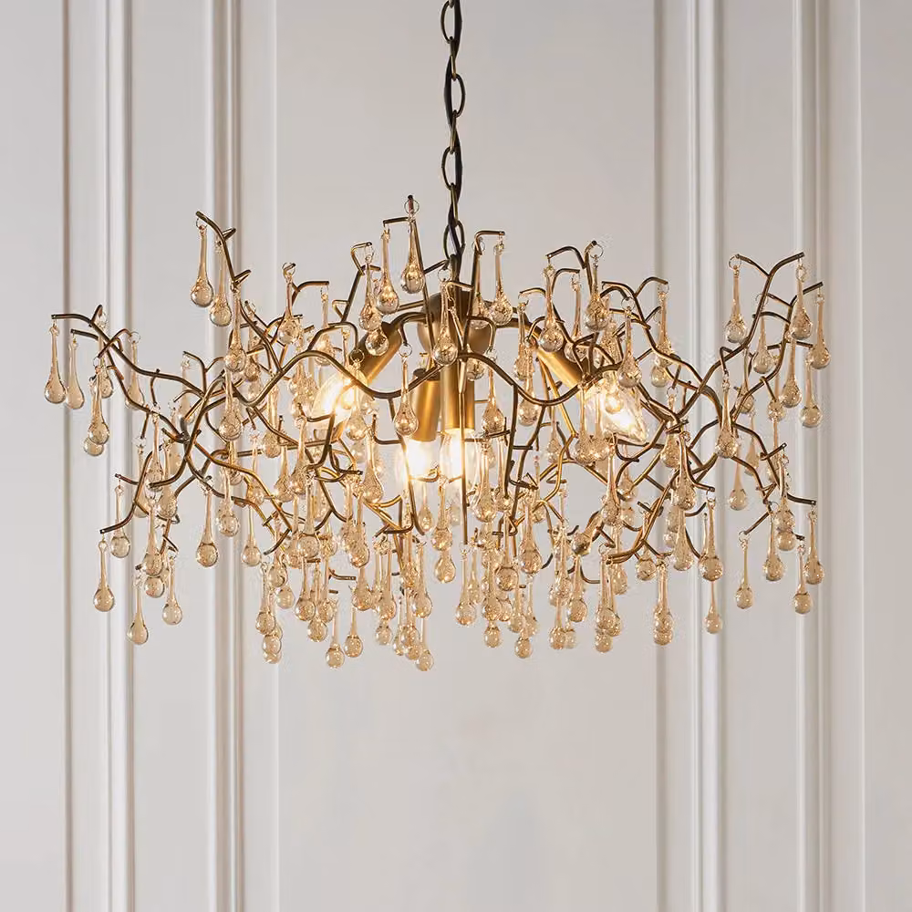 Loops Gold and Brass Branch Ceiling Chandelier with Transparent Glass Droplets, Height Adjustable – 2