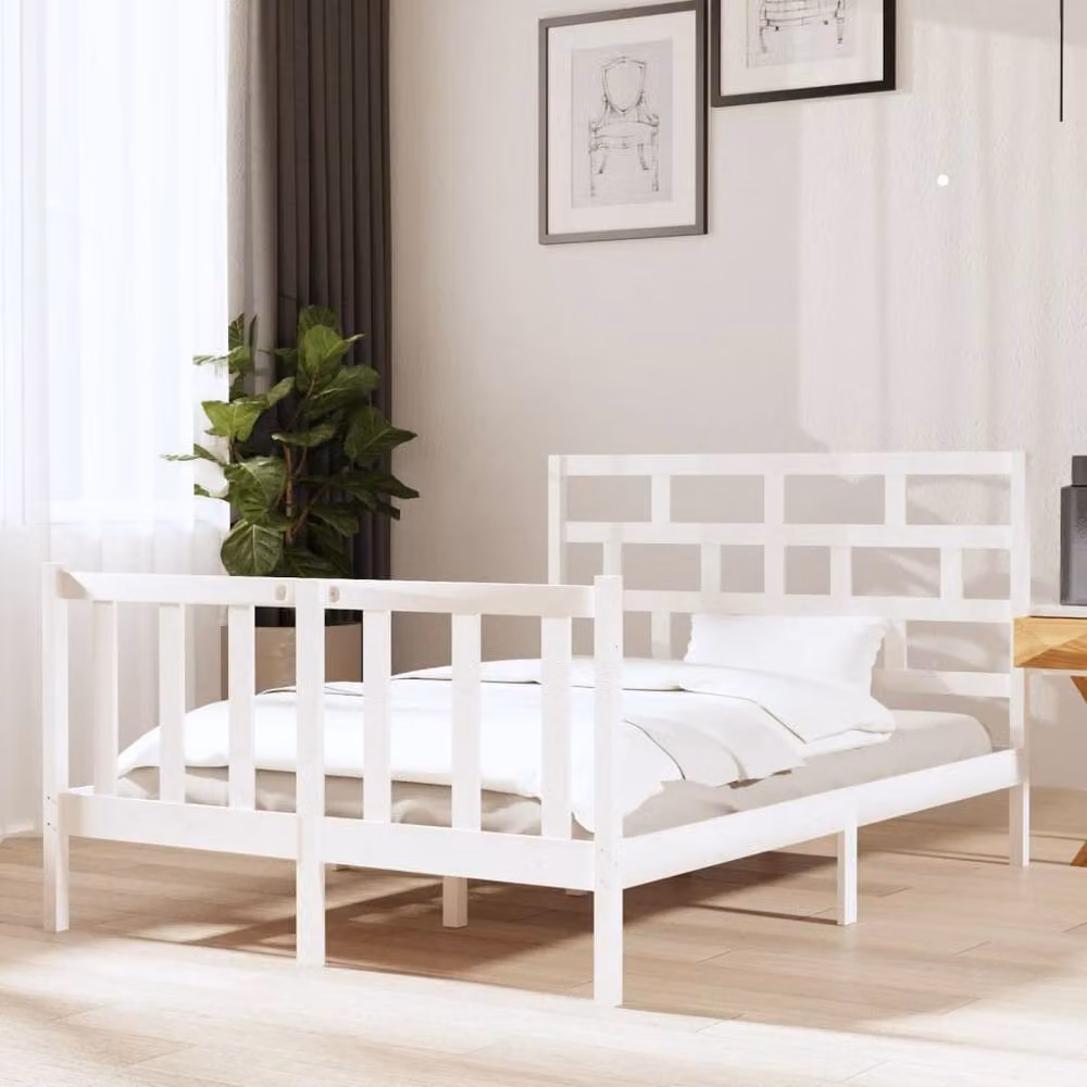 Berkfield Home White Solid Pine Wood Bed Frame W: 140 cm, D: 190 cm – 2