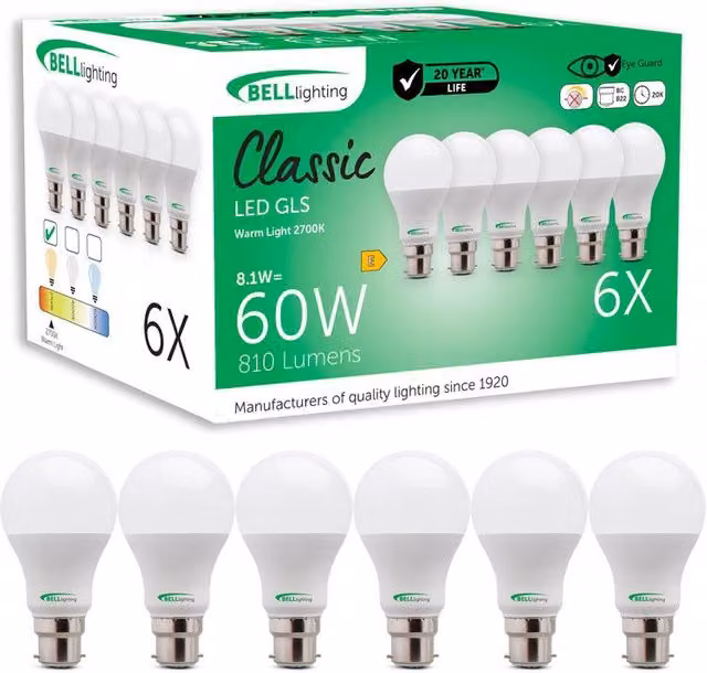 BELL Lighting B22 LED Globe Bulbs, Warm White, 8.1W, Pack of 6