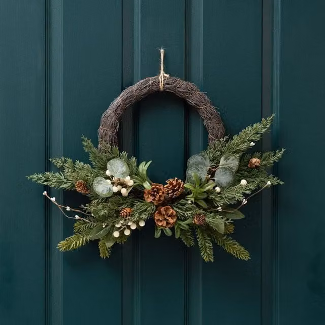 Scottish Everlastings Ltd Real Touch Mistletoe and Cone Half Wreath in Green, Diameter: 40 cm – 1