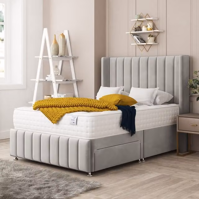 Bed Choices Brisbane Upholstered Divan Bed with 2 Drawers, Mattress and 54 inch Headboard in Silver, W/D/H: 200 x 200 cm