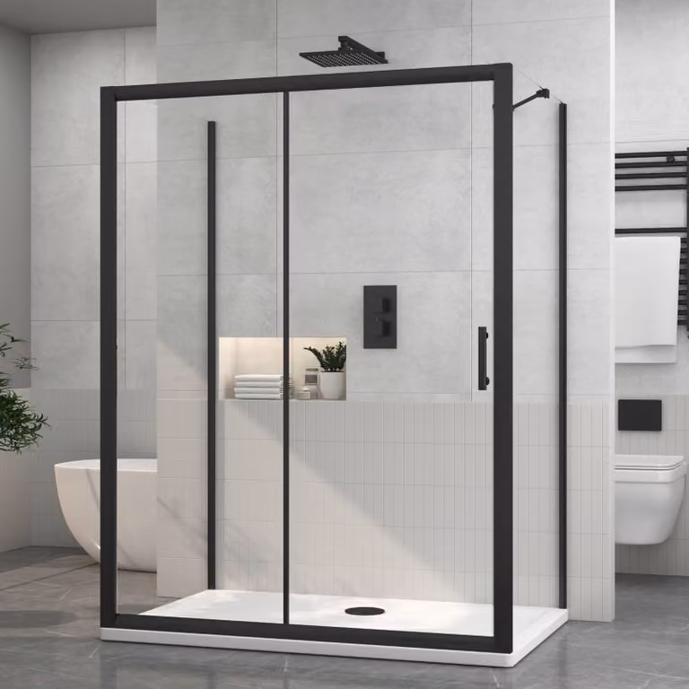 Royal Bathrooms Milan 3-Sided Rectangular Sliding Door Shower Enclosure, Matt Black, W: 140 cm, D: 90 cm, 6mm Glass