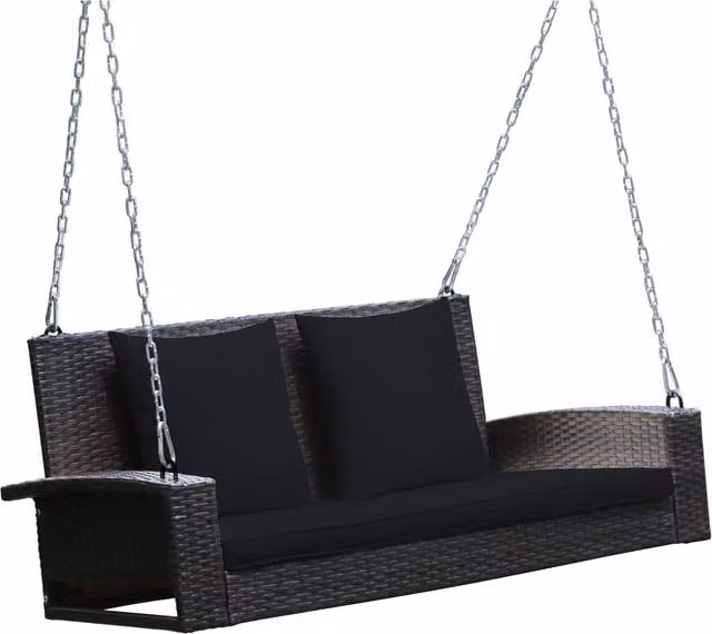 Costway 2-Seat Modern Rattan Patio Porch Swing with Cushions and Armrests in Black