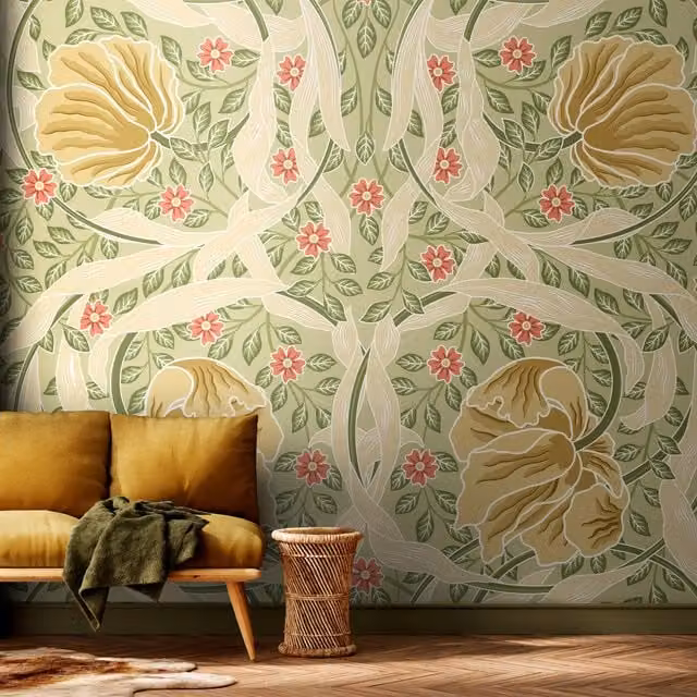 Origin Murals Flower Circle Art Nouveau Wall Mural in Green and Coral
