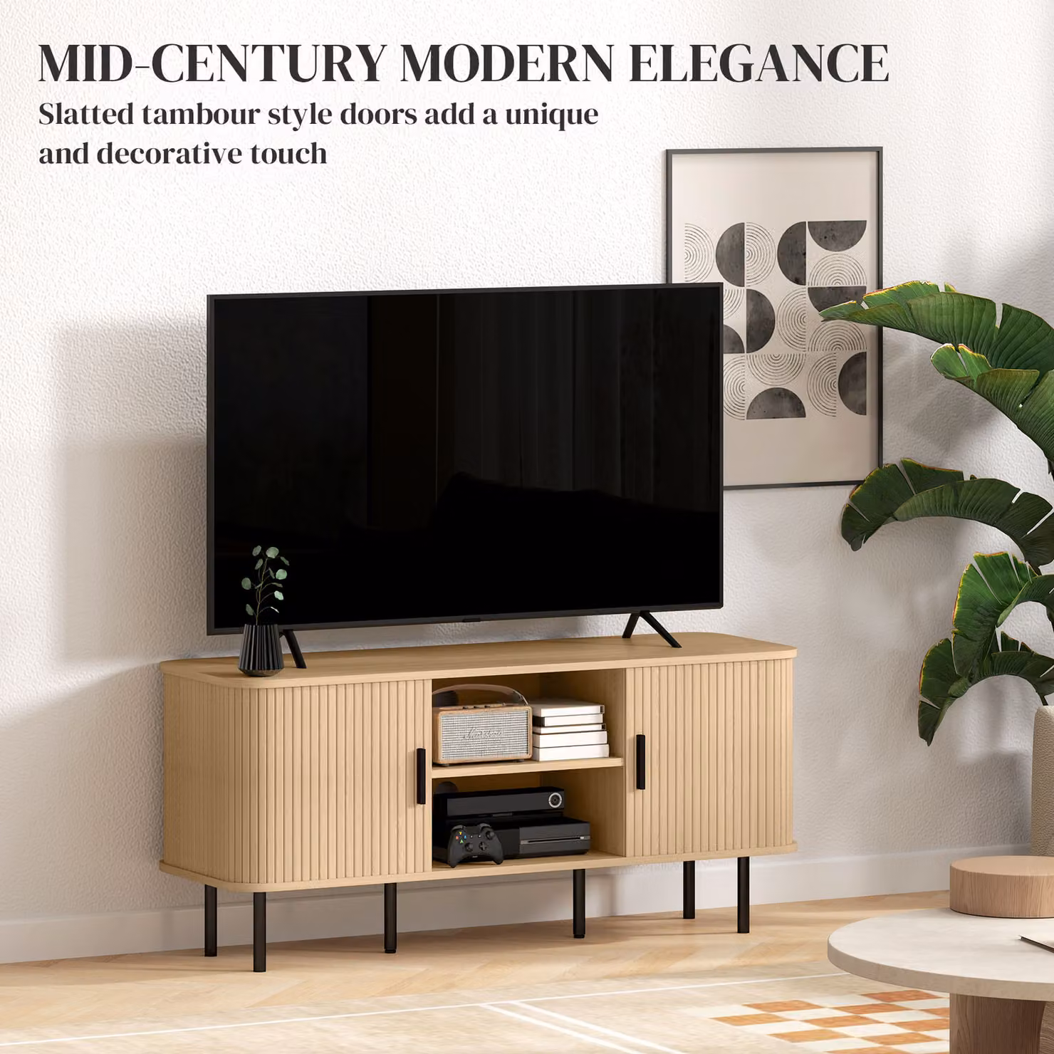 HOMCOM TV Stand Cabinet in Oak Tone for TVs up to 55 Inches with Storage Shelves and Cupboard – 4
