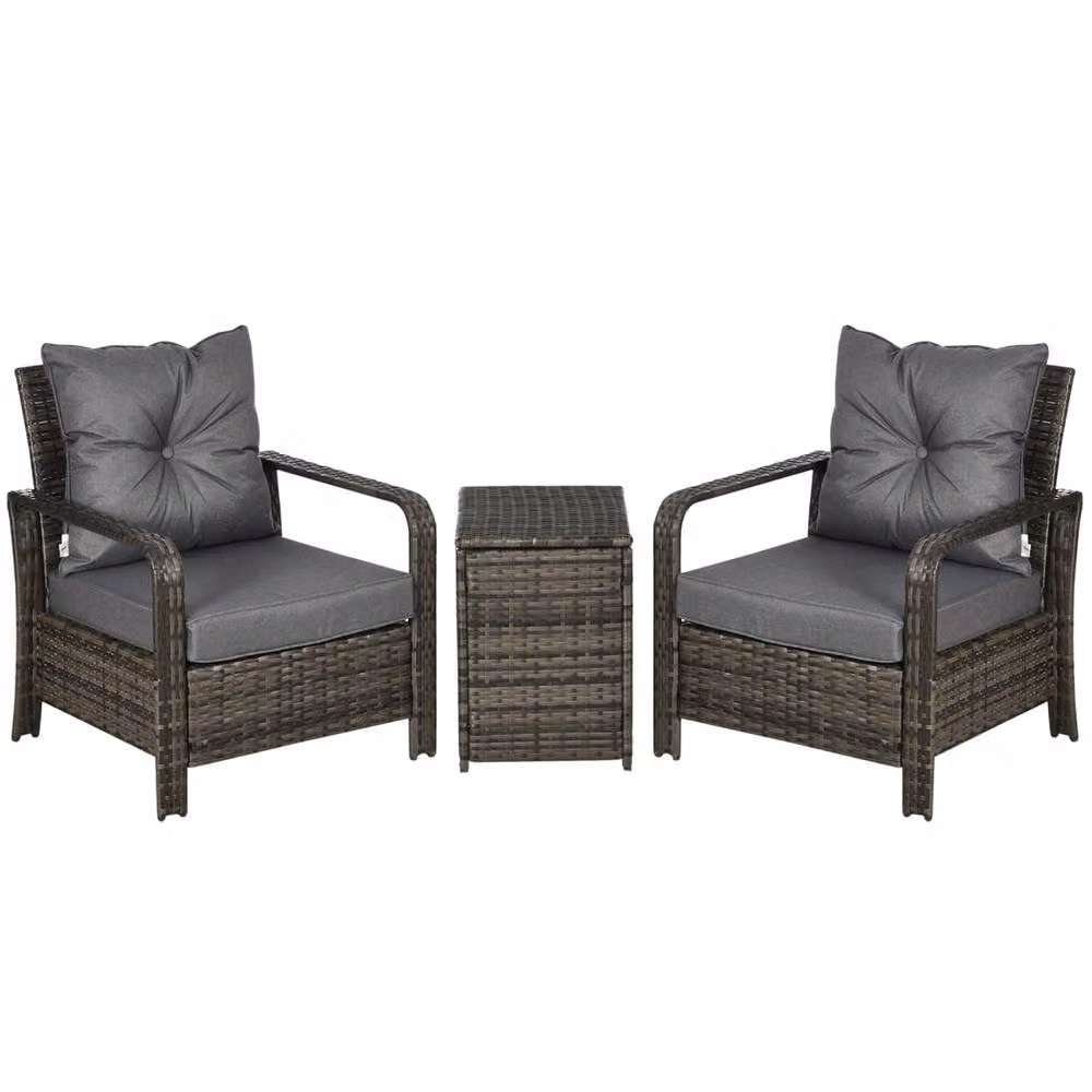 Wyld Haus Ziha 3 Piece Grey Rattan Bistro Set with 2 Cushioned Armchairs and 72L Storage – 2