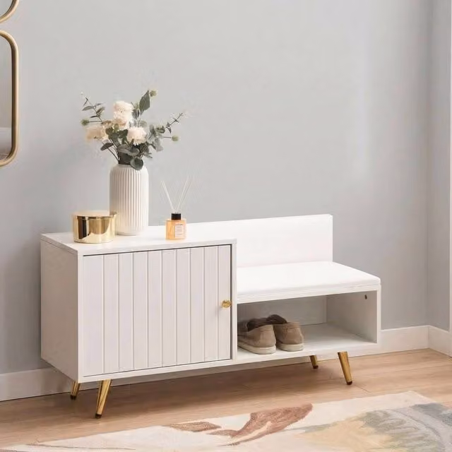 Wyld and Coco White Shoe Storage Bench with 2 Compartments, Ribbed Doors and Gold Tone Details