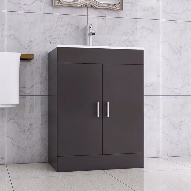 BELOFAY Grey Flat Pack Vanity Unit with Ceramic Basin, Tap and Waste Bottle Drainer, W: 60 cm, D: 39 cm
