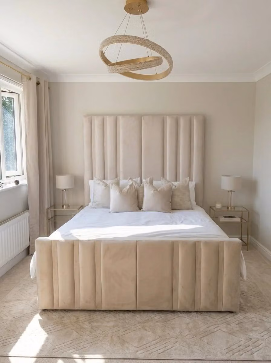 Buckingham Upholstered Velvet Bed Frame by Beds NK Ltd in White or Beige
