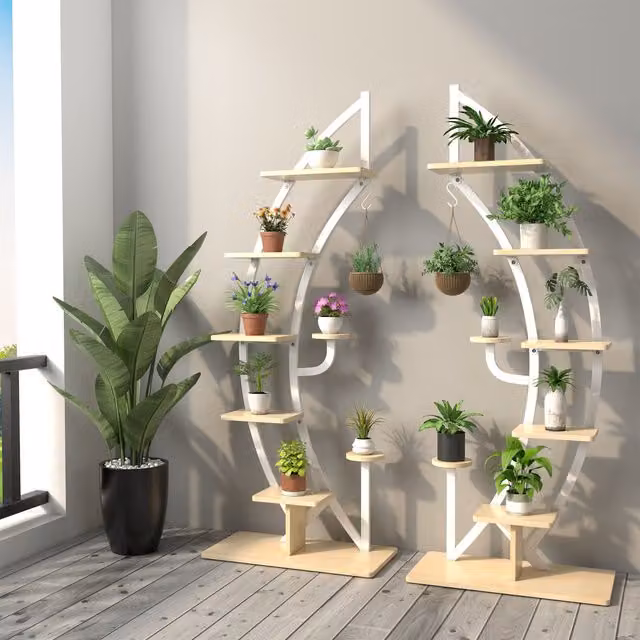 Costway Set of 2 White Wooden 8-Tier Tall Plant Stand Racks with Curved Half Moon Ladder Shelf Design