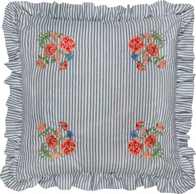 Make It A Home Martha Blue Striped Linen Embroidered Ruffle Square Cushion Cover