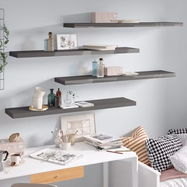 Berkfield Home Set of 4 Floating Wall Shelves in High Gloss Grey, W/D/H: 120 x 23.5 x 4 cm
