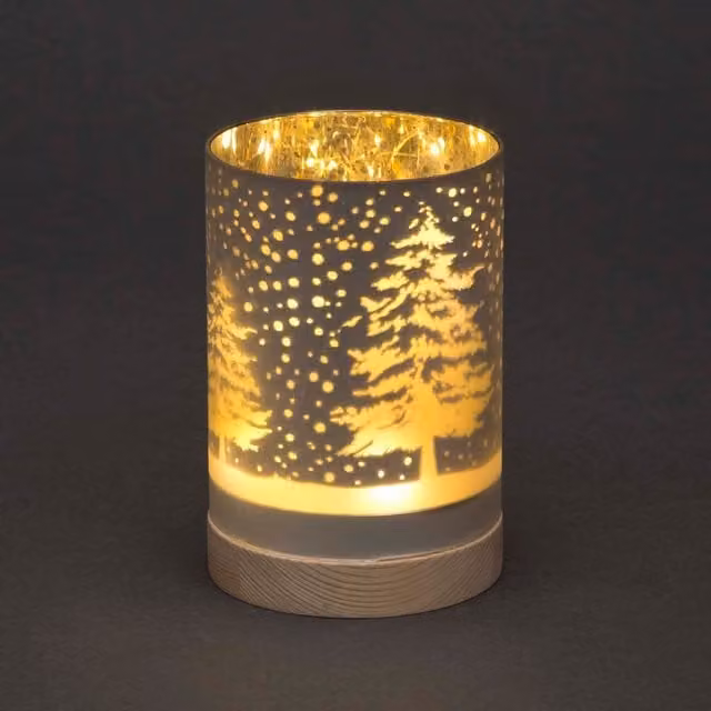 Shatchi Christmas Etched Glass Table Lamp with Forest Snowfall Scene and LED Fairy Lights, Silver, Height: 15 cm