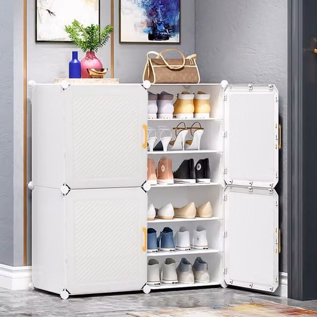 Livingandhome Modern White Freestanding Hallway Shoe Cabinet with Hinged Doors and Internal Shelves