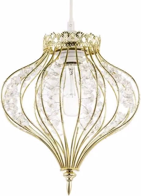 Happy Homewares Teardrop Pendant Lamp Shade in Shiny Gold with Transparent Acrylic Beads