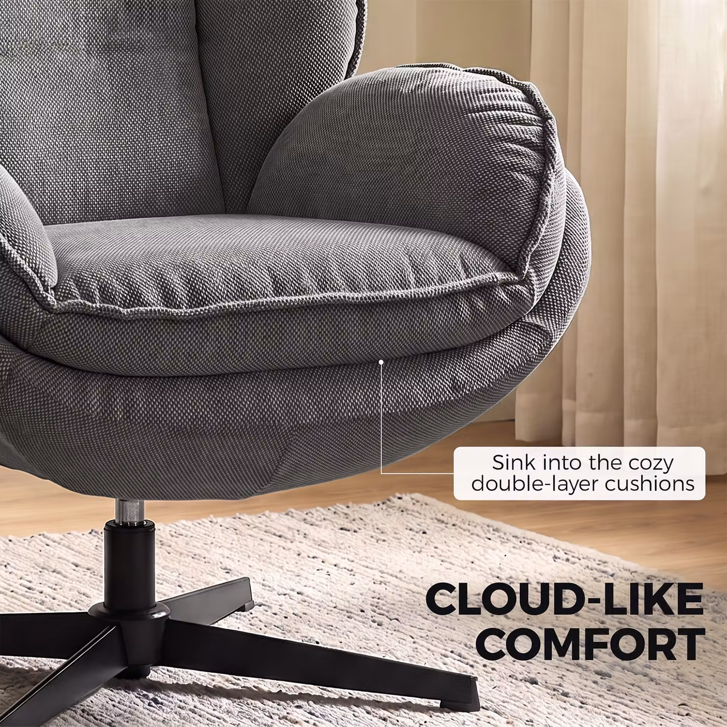 HOMCOM Grey Chenille Swivel Armchair with Adjustable Footstool and Thick Cushion – 5