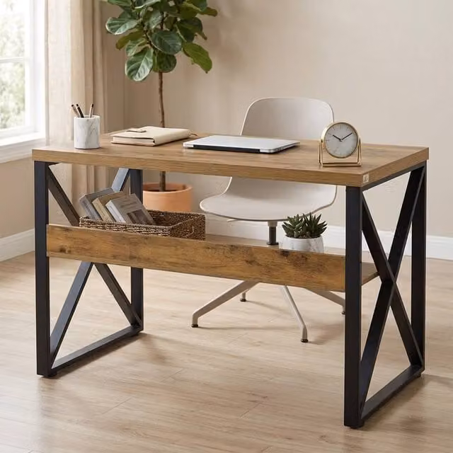 STILVORA Writing Desk with Storage Shelf in Brown Wood Effect and Metal X-Frame