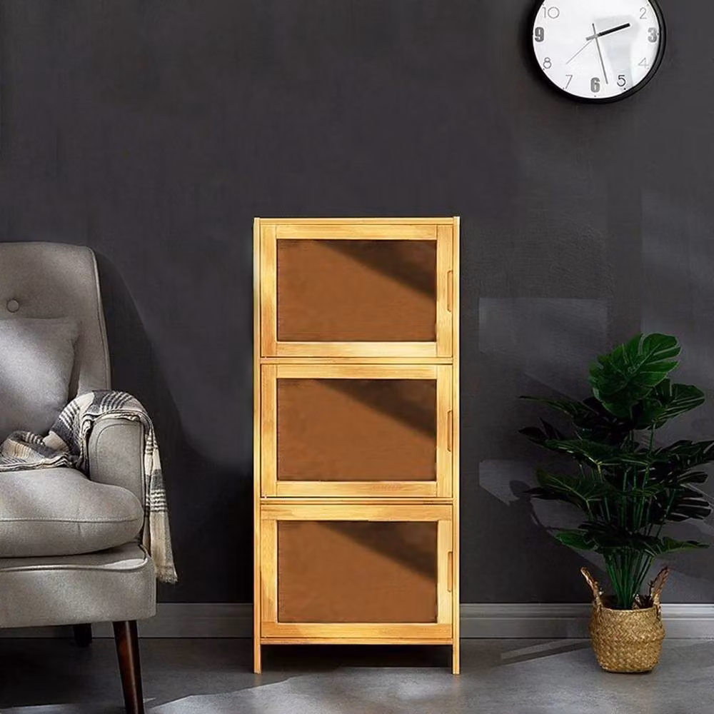 FLAVORA 3 Tier Acrylic Display Case with Bamboo Base Cabinet in Beige and Transparent, W/D/H: 97 x 32 x 32 cm – 5