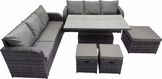 Fimous 9-Seater Grey PE Rattan Garden Furniture Set with U-Shape Sofa, Coffee Table and Ottoman