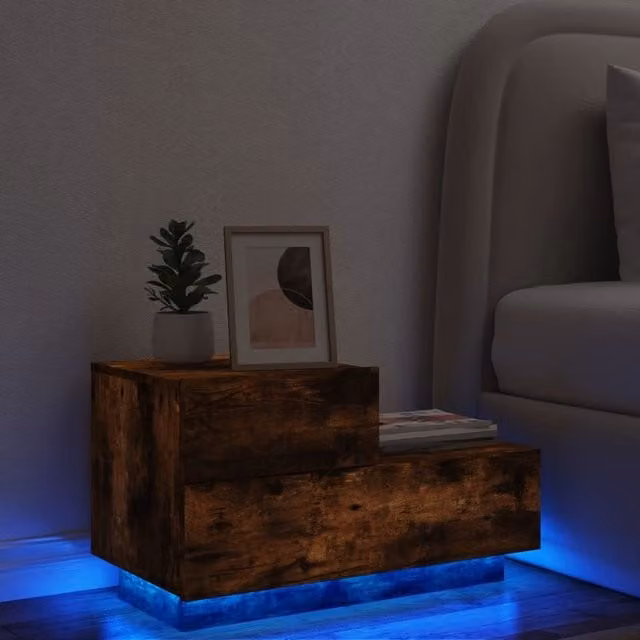 Berkfield Home Bedside Cabinet with Integrated LED Lights in Smoked Oak Brown, W/D/H: 70 x 36 x 40.5 cm – 1