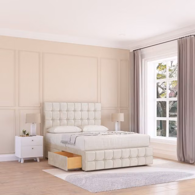 Sloomy Berlin Chesterfield Divan Bed Base with 4 Drawers and Headboard, Beige Fabric, W/D/H: 140 x 200 cm