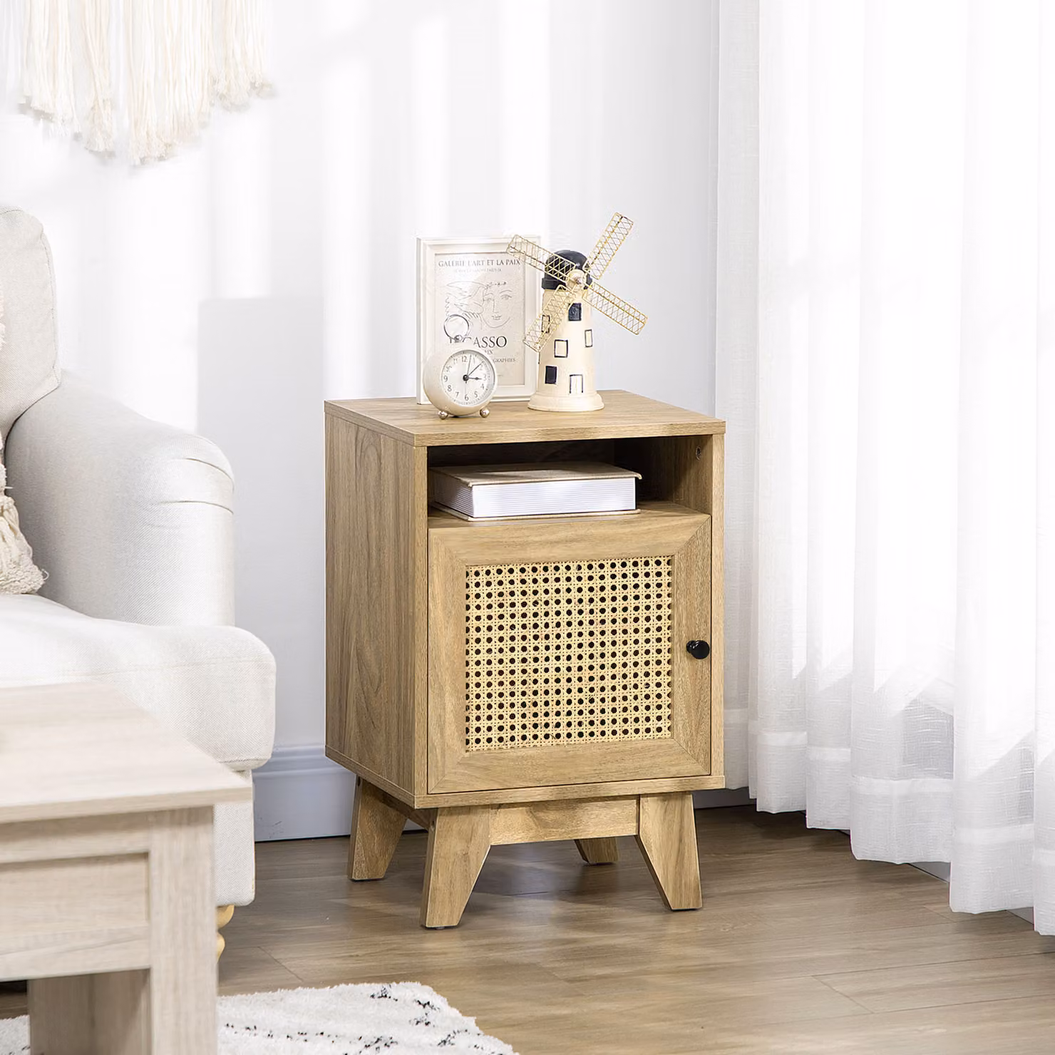 HOMCOM Bedside Cabinet with Rattan Detail and Cupboard, W/D/H: 39 x 35 x 60 cm, Natural Brown – 2