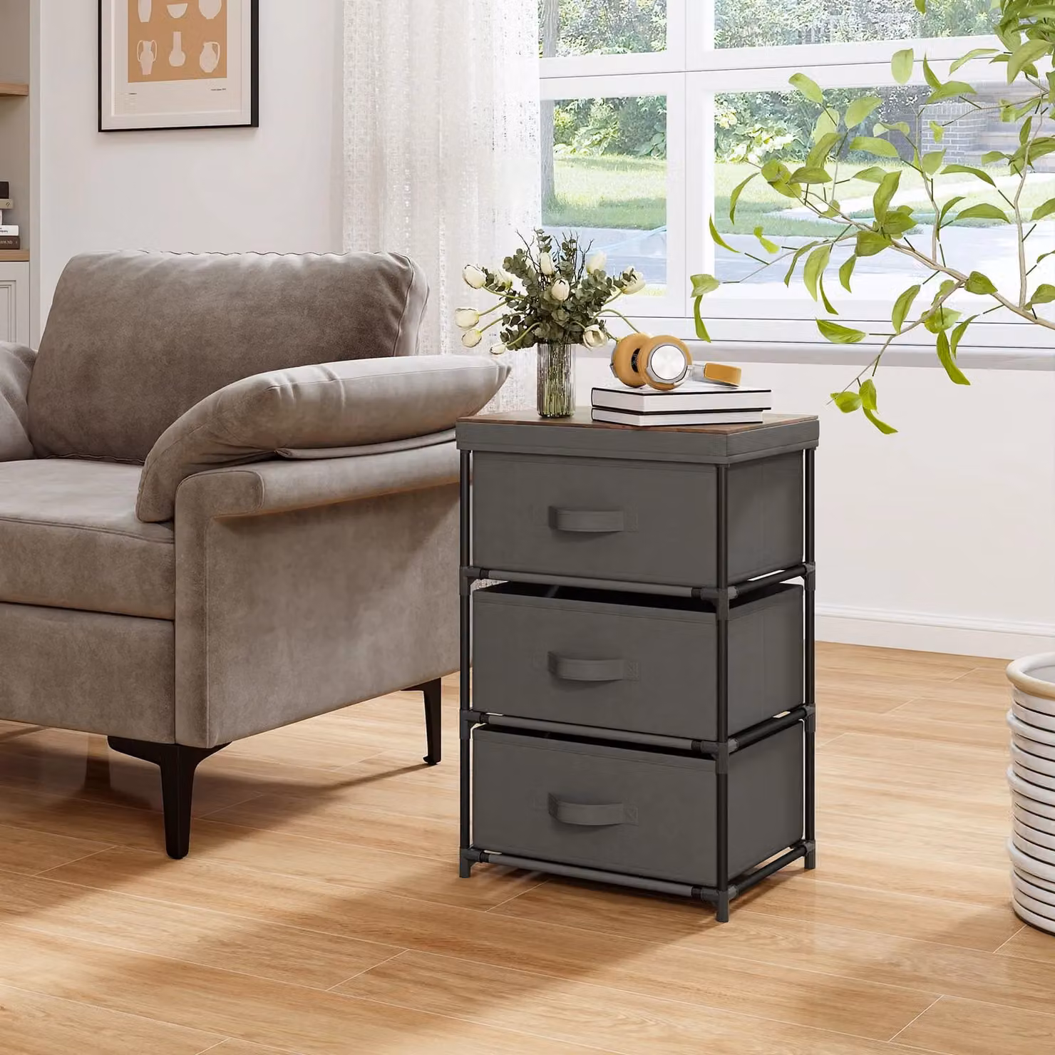 Gymax 2 Pack 3-Tier Fabric Dresser Nightstand Organiser Unit with 3 Drawers in Grey – 4