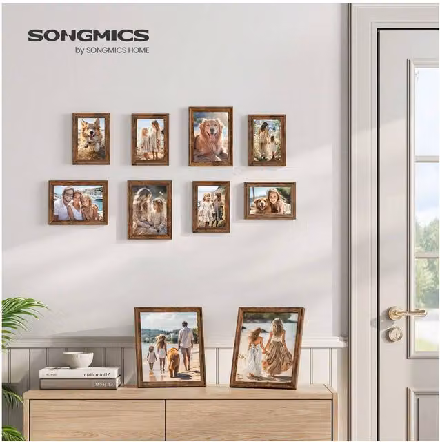 SONGMICS Pack of 10 Vintage Rectangular Photo Frames in Bronze Wood and Glass for Wall Mounting