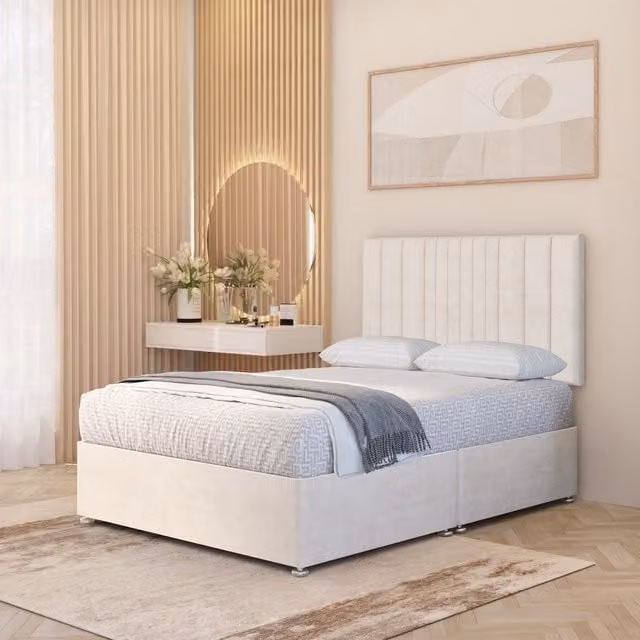 Somnior Beds Ltd Arizona Plush Velvet Orthopaedic Divan Bed Set with Hybrid Mattress and Headboard, White, W/D/H: 140 x 200 cm