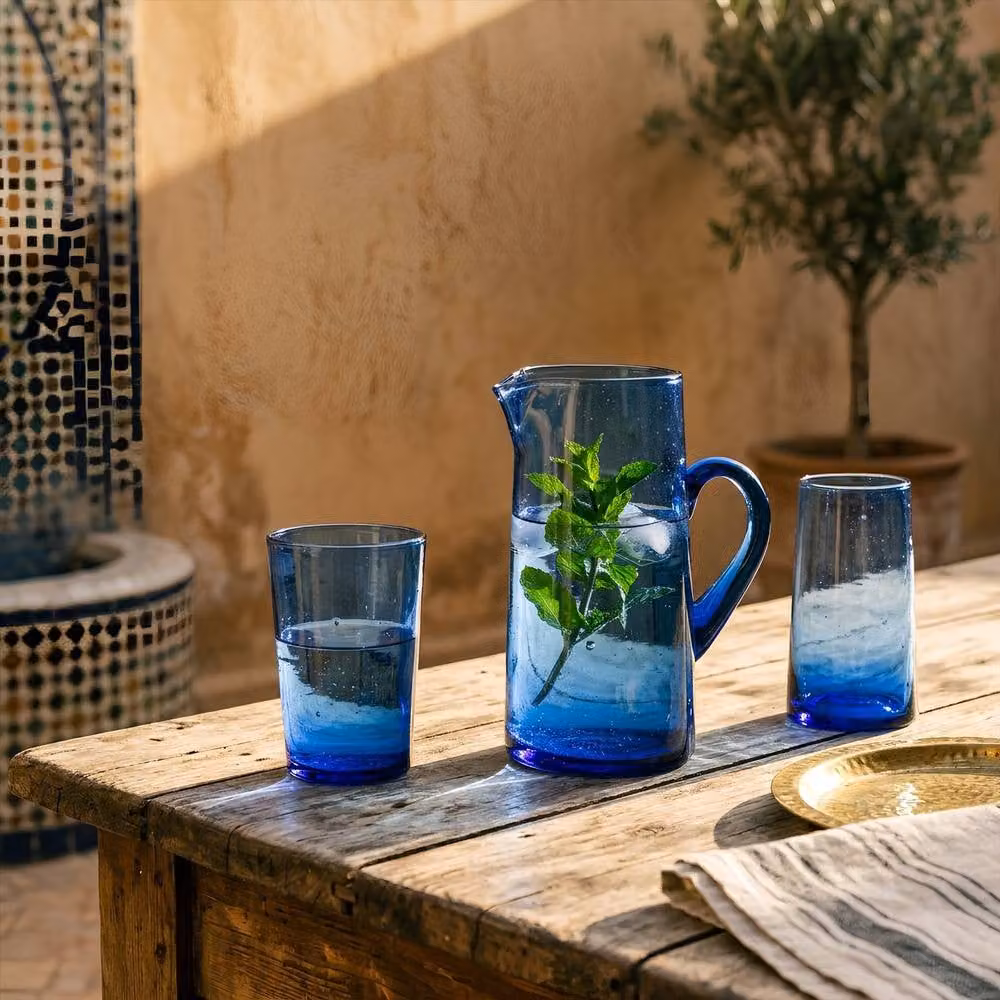 Nicola Spring Merzouga Blue Repurposed Glass Tumblers and Jug Set – 2