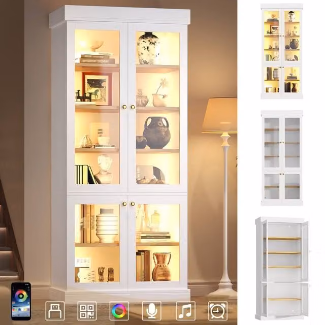 Matteo White Modern Freestanding Cabinet with LED Integrated Lighting and Glass Doors