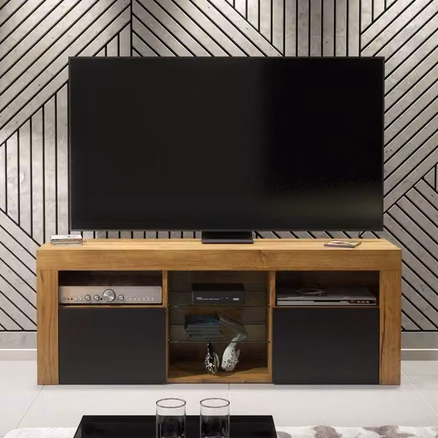 Creative Furniture Pulse TV Unit in Dark Oak and Black Matt, W: 145 cm, H: 53 cm, D: 35 cm