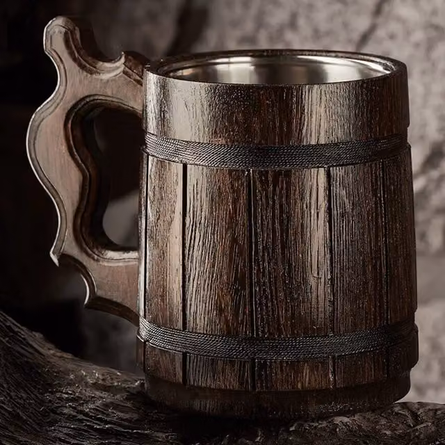 NOVECRAFTO Handmade Wooden Beer Mug in Dark Brown, 500 ml