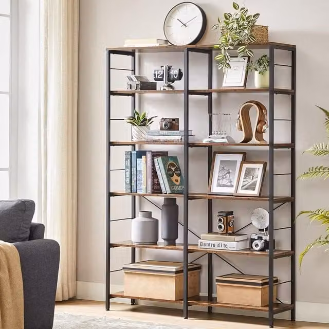 The Bazaarist 6-Tier Industrial Metal and MDF Bookshelf Storage Unit in Rustic Brown and Black