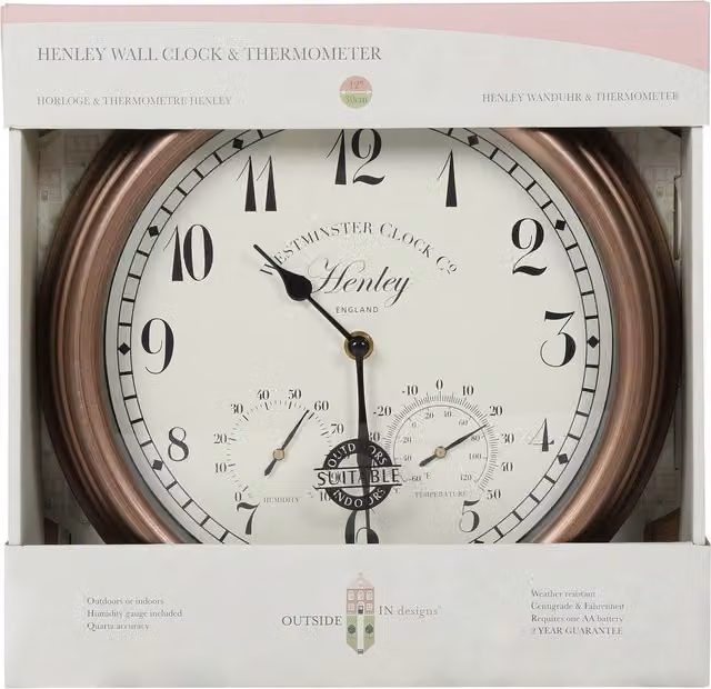 Smart Garden Products Henley Round Analog Wall Clock and Thermometer in White
