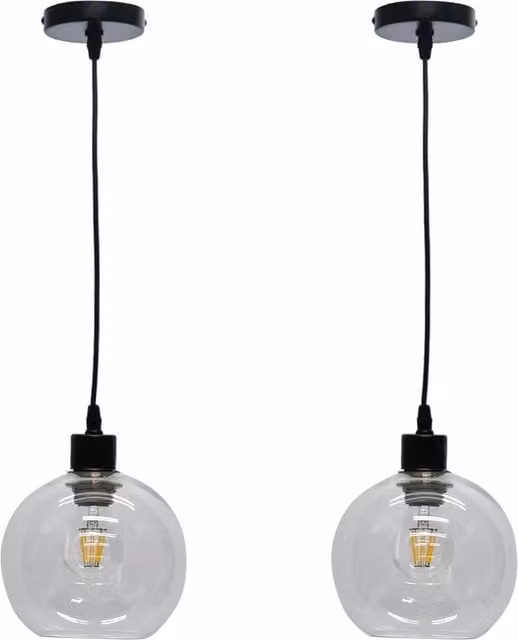 First Choice Lighting Barnum Set of 2 Pendant Lights with Transparent Glass Spheres and Black Fittings – 1