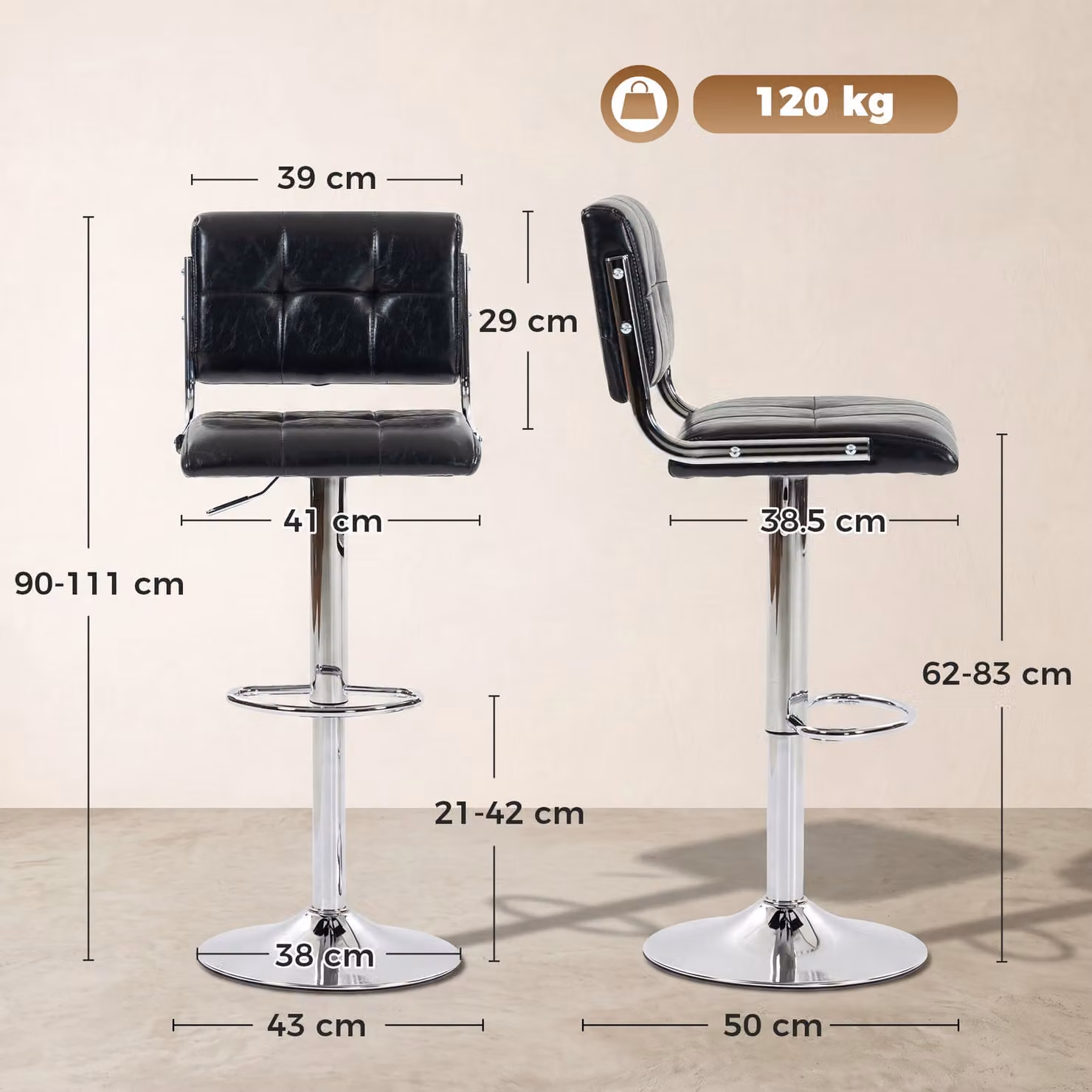 HOMCOM Set of 2 Modern Black PU Leather Adjustable Swivel Bar Stools with Backrest – 3