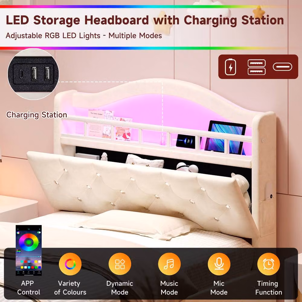 Matteo Single Velvet Bed Frame in Beige with LED Lighting, USB Charging, Side Compartments and Storage – 4