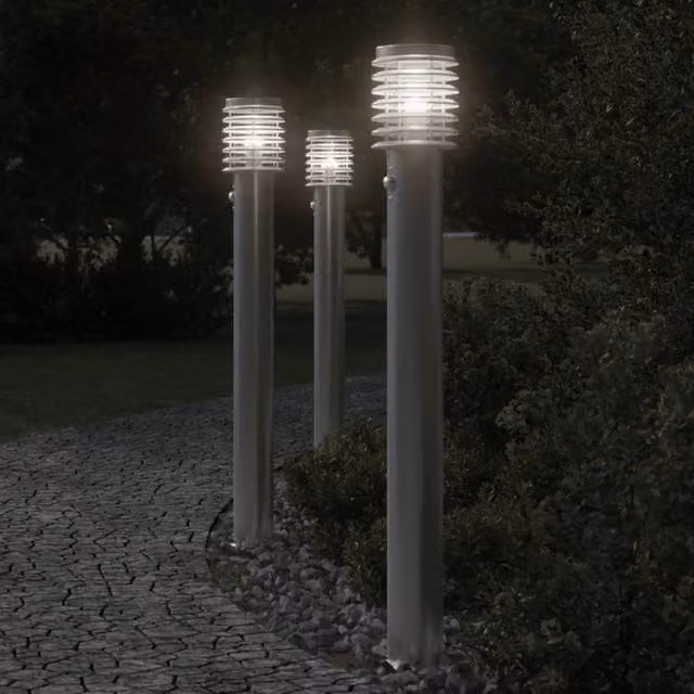 Berkfield Home Set of 3 Silver Stainless Steel Outdoor Motion Sensor Floor Lamps, Height: 110 cm