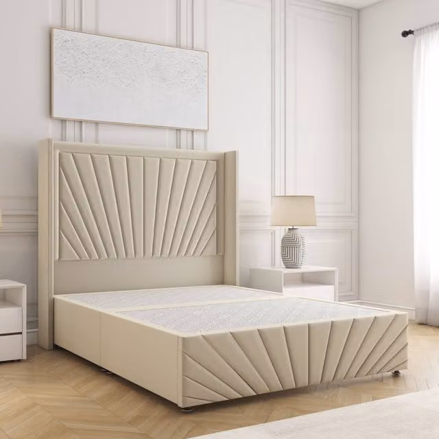 BSSPOKE Nola Super King Divan Bed with 54 inch Headboard in Cream Plush Velvet