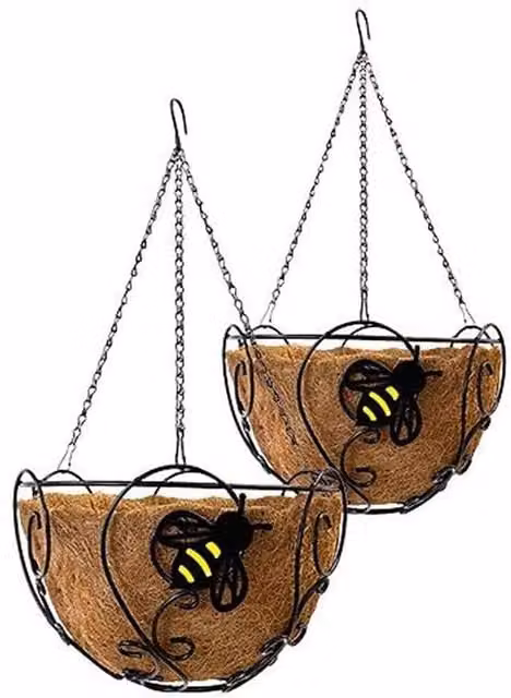 Primrose Bee-Conscious Coco Liner Hanging Basket Planter in Black with Galvanised Steel, W: 36 cm, D: 36 cm