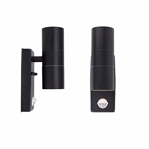MiniSun Modern Matt Black Up/Down Security Wall Light with PIR Motion Sensor, Includes 2 x 5W GU10 Cool White LED Bulbs, IP44 Rated – 5