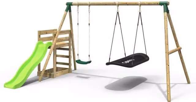 Rebo Wooden Double Swing Set with Slide and Swing in Green