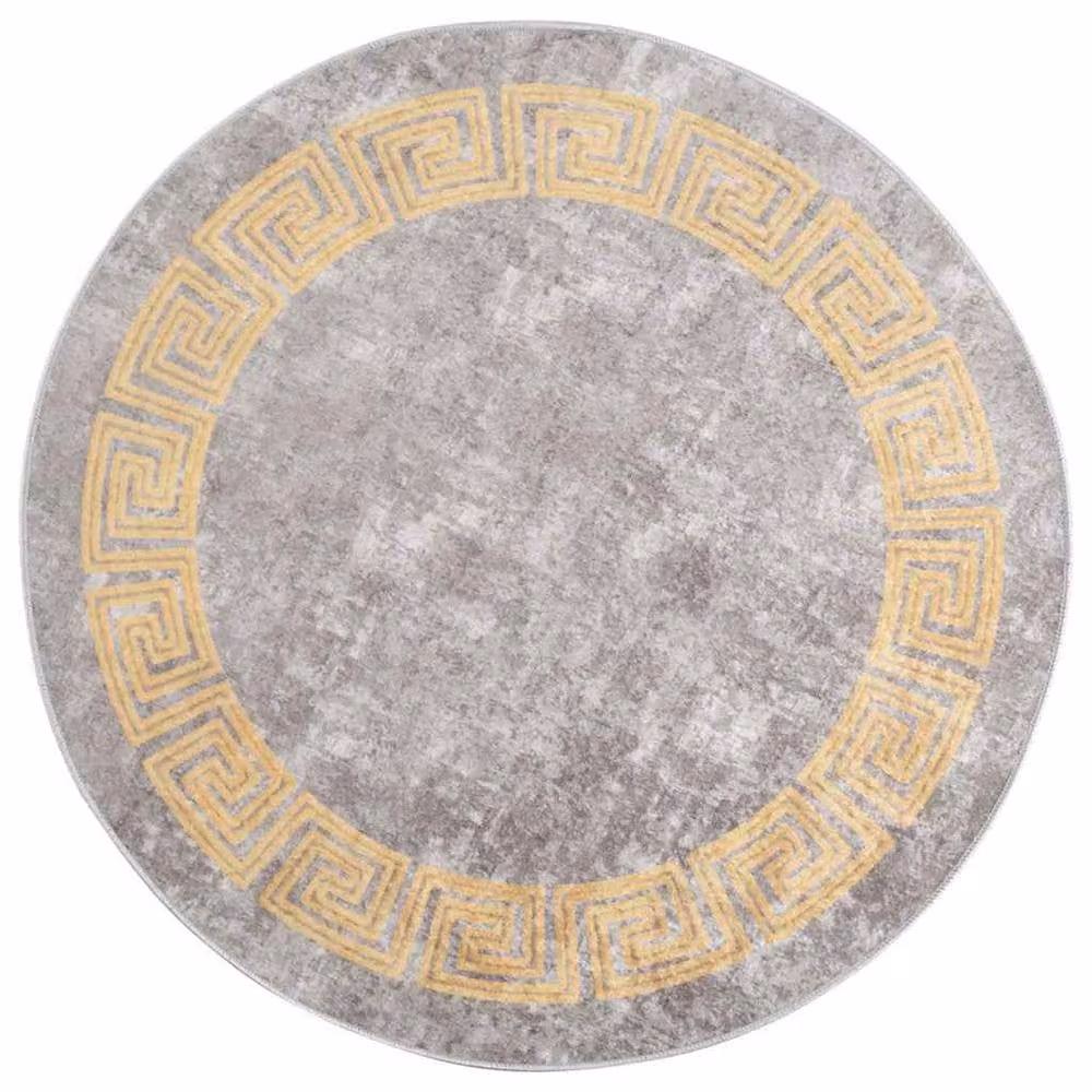 Berkfield Home Round Geometric Washable Grey Anti Slip Rug, Diameter: 120 cm
