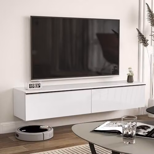 HOMCOM High Gloss Wall Mounted TV Stand Unit with Storage, White – 7