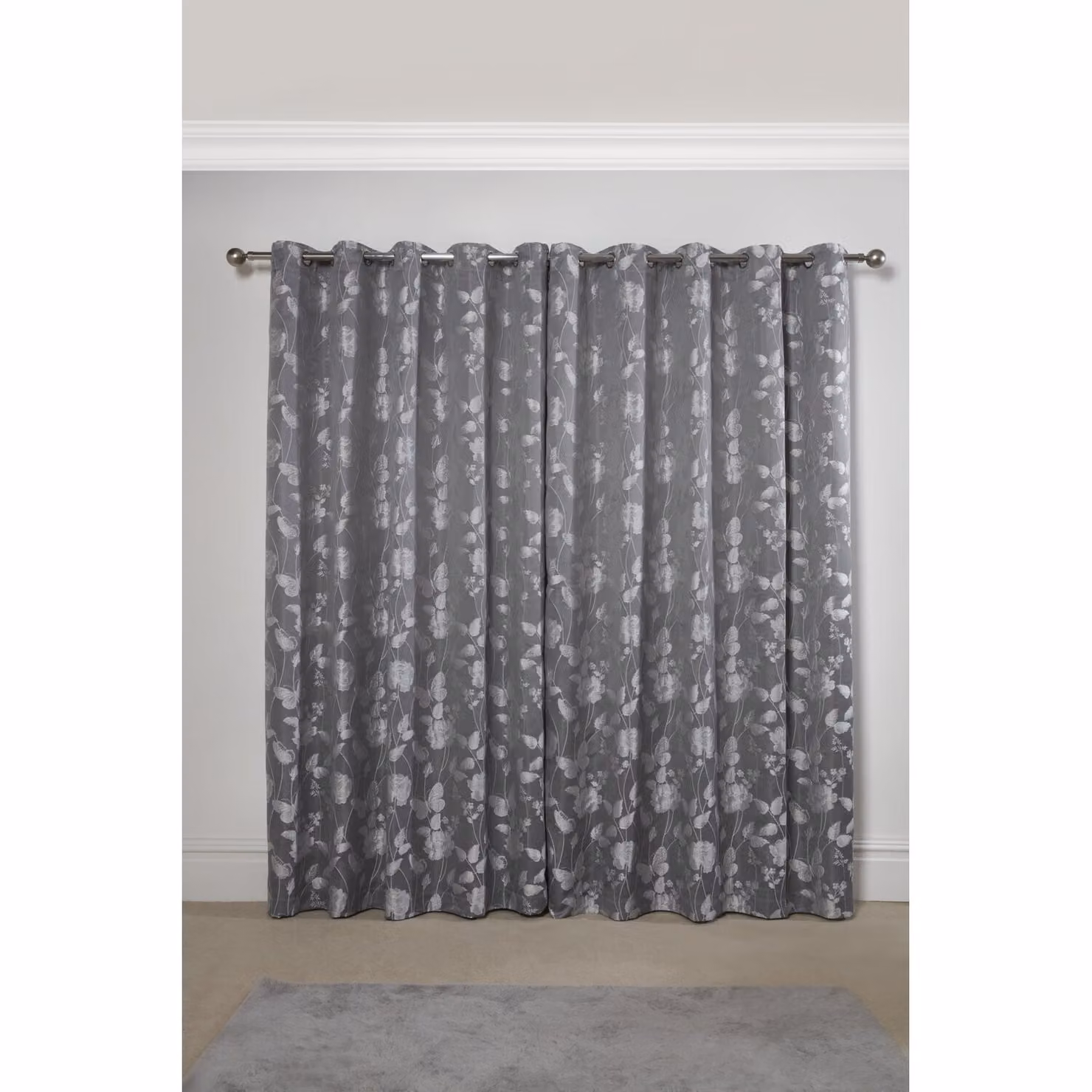 NewEdgeBlinds Silver and Grey Floral Jacquard Eyelet Curtains, Opaque, Width: 228 cm – 2