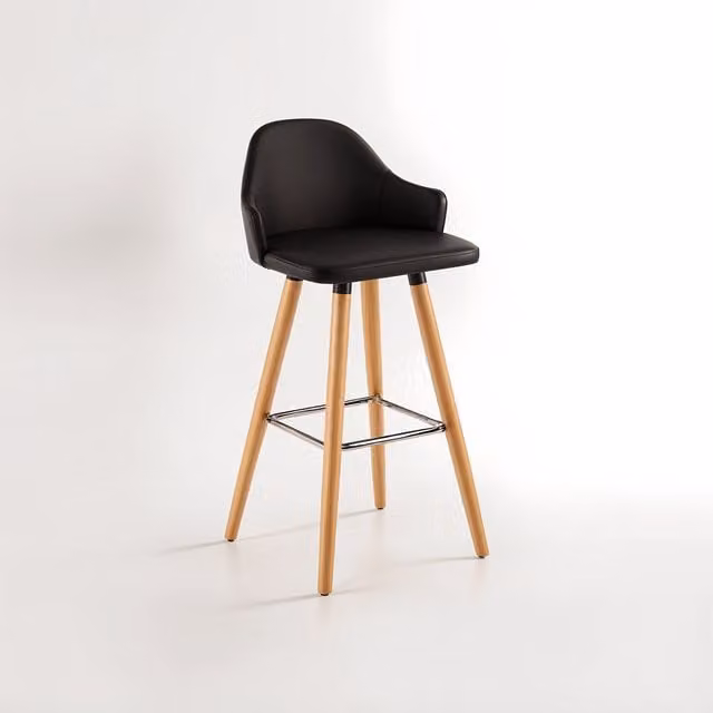 Orsina Black Faux Leather Curved Backrest Bar Stool with Beech Wood and Metal Legs – 1